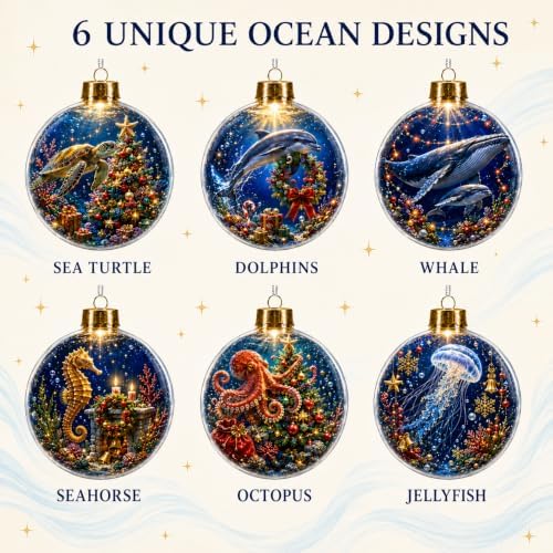 6 Pack Lighted Ocean Christmas Ornaments, 3.15 Inch Sea Animal Globes
