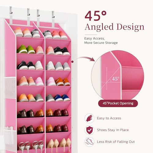 Criusia Over the Door Shoe Organizer, 20-30 Pairs Heavy-Duty Hanging Shoe Storage with Large Pockets, 10-Tier Door Shoe Rack with 4 Hooks for Sneakers Sandals Heels Boots (Pink)
