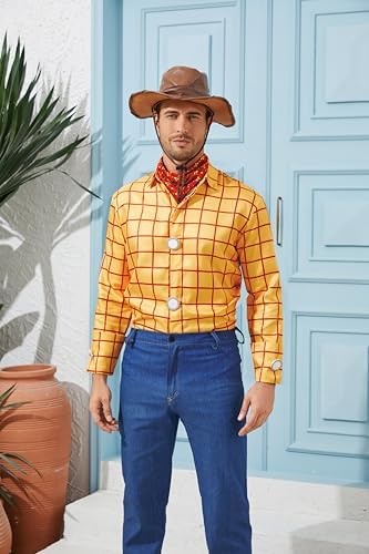 Cowboy Sheriff Costume Men's Plaid Button Down Shirt with Vest Bandana Star Badge Halloween Sheriff Cosplay Outfits