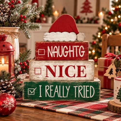 Lineshading 4 Pcs Christmas Table Decoration for Home, Humor Santa Hat Sign
