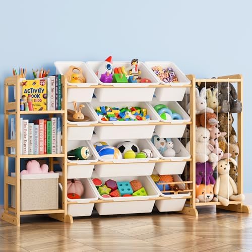 Toy Storage Organizer with Bookshelf and Stuffed Animal Storage - Kids Playroom Organization with 3 Shelves and 12 Toy Bins - Toddler Living Room Toy Box for Lego - Nursery Bedroom Decor Essential