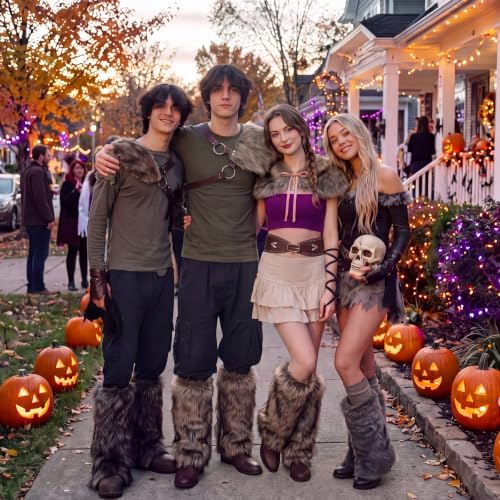 Janmercy 9 Pcs Halloween Viking Costume for Couple, Faux Fur Accessories
