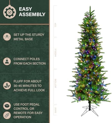 Fraser Hill Farm 9-Ft. Carmel Pine Slim Artificial Christmas Tree with Dual Multicolor & Warm White LED Lights and Stand, Prelit Foldable Fake Tree with Realistic Foliage for Home Decoration