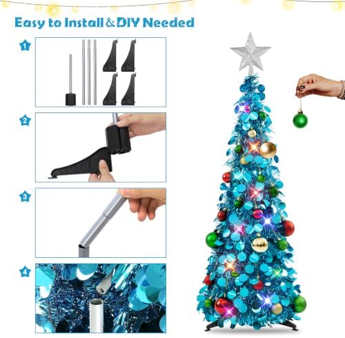 N&T NIETING Pop Up Christmas Tree with Lights & Ornaments, Blue, 3FT