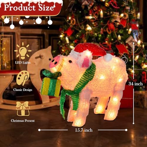 15" Lighted Christmas Pig, 3D Pre‑Lit Indoor Outdoor Decor