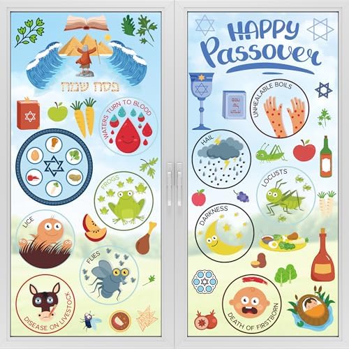 63 PCS Passover Decorations, 9 Sheets Colorful Passover Window Clings with Seder Plates Stars of David Eggs Red Wine Patterns, Double-Sided Jewish Decor for Pesach Party Supplies Home School
