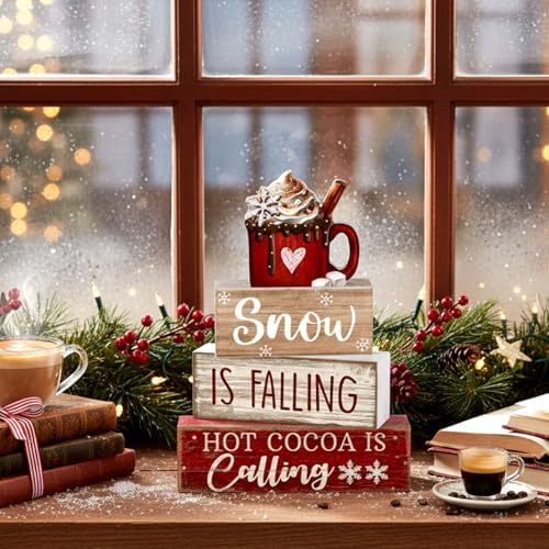 Lineshading 4 Pcs Christmas Table Decor, Hot Cocoa Wood Block Sign Home Set