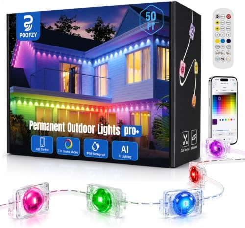 POOFZY Permanent Outdoor Lights 50FT, RGBIC Smart Outdoor Lights for House, App & Voice Control, Waterproof Outdoor Eave Lights for Christmas Holiday Patio Yard Decor