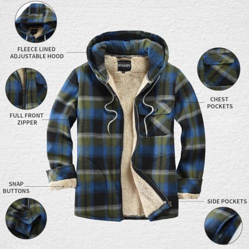 Elesuit Men's Full Zip Fleece Flannel Jacket Shirt Plaid Cotton Hoodie Coat