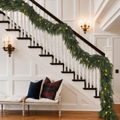 9FT Christmas Cedar Garland with Lights Prelit Pine Garland Christmas Decor (10, Green, 9FT)