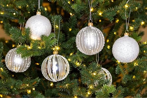 Luxury Handcrafted European Glass Christmas Ball Ornaments - Set of 6 - Silver & White - Frosted Luxe - 8 cm - Mouth-Blown & Hand-Painted