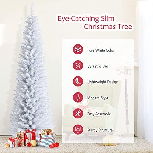 7FT White Pencil Christmas Tree, Artificial Christmas Tree w/Premium PVC Needles, Pine Tree w/Solid Metal Stand, Ideal for Home, Office, Shops, Holiday Decoration