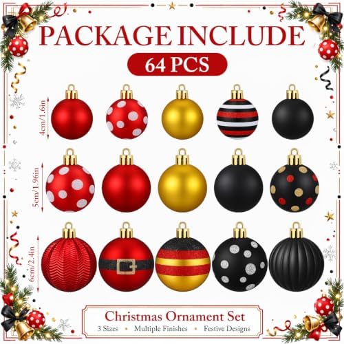 Lunmon 64 Pcs Mouse Christmas Ball Ornaments Red Black Yellow Xmas Baubles