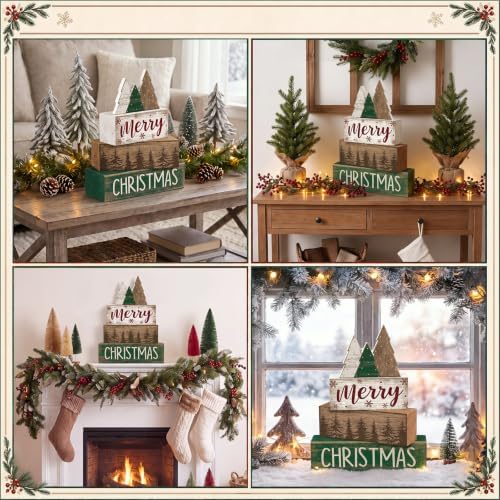 Lineshading 4 Pcs Christmas Table Decor Retro Christmas Tree Centerpiece with Buffalo Plaid Pattern Winter Tiered Tray Decor Rustic Wooden Pine Tree Xmas Decoration for Home Shelf Party Kitchen