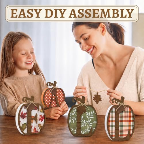 4 Pcs Fall Pumpkin Decor, Wooden Autumn Fall Decorations for Home