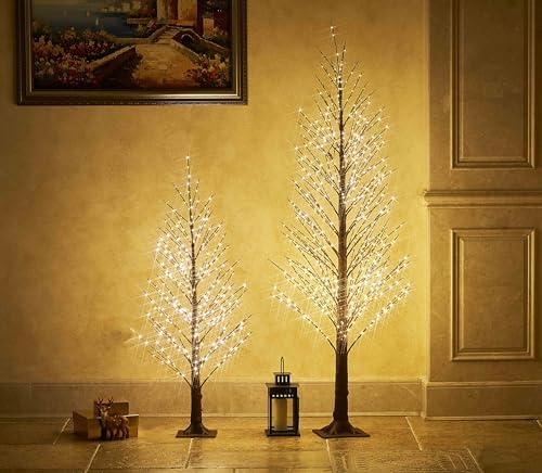 Hairui Lighted Brown Alpine Tree with 450L Warm White Fairy Lights 4FT, Brown Twig Tree with Lights for Indoor Outdoor Home Party Halloween Christmas Decoration
