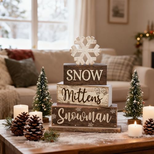 Moucuny 4 Pcs Wooden Snowman Block Signs Farmhouse Table Decoration