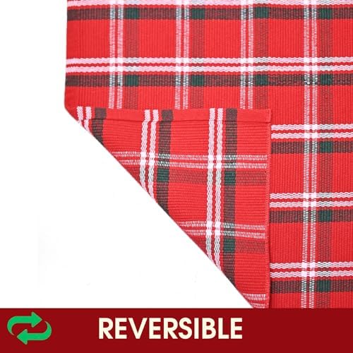 Christmas Red Green White Plaid Rug, 24"x 51" Cotton Hand-Woven Buffalo Check Layered Door Mat for Front Porch, Entryway, Outdoor Holiday Decor, Washable Farmhouse Rug for Home, Patio, Kitchen