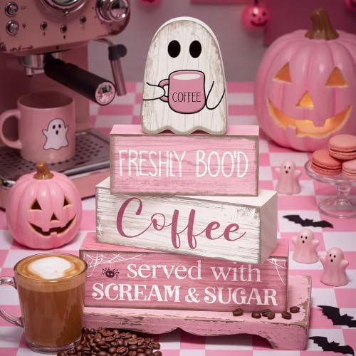 Moucuny 4 Pcs Pink Halloween Table Decorations Coffee Ghost Wooden Blocks