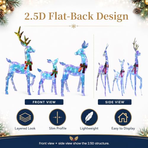 48" 3-Piece 2.5D Colorful Lighted Christmas Deer Family Outdoor Decorations, Clear-Look Reindeer Set with 145 Lights, Gold Antlers, Stakes and Zip Ties for Yard Lawn Porch Garden Holiday Decor