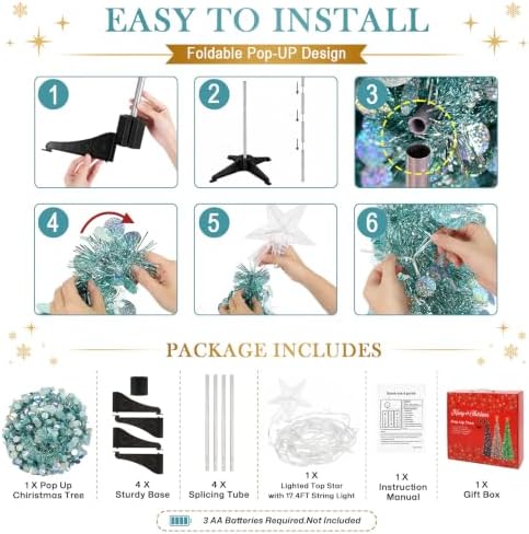 5FT Pop Up Christmas Tree with Lighted Top Star for Decorations, Aqua Blue