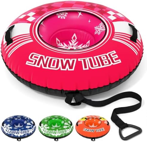 Goplus Inflatable Snow Tube, 42" Heavy-Duty Snow Sledding Tube with Detachable Tow Strap, Thickened Bottom, 3-in-1 Valve, Handles, Winter Outdoor Fun Toy for Kids & Adults, Christmas Birthday