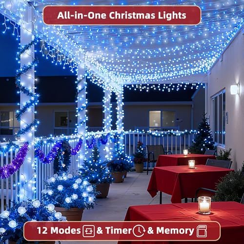 240ft Outdoor Christmas Lights, 750 LED Super Long String Lights 12 Modes & Timer Memory, Dimmable Outsite Waterproof Light Strings for Xmas Tree Garden Wedding Party Holiday Decorations Blue &White