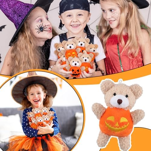 Hiboom 32 Pcs Mini Halloween Stuffed Animal, Bear in Pumpkin Style, 4.7"