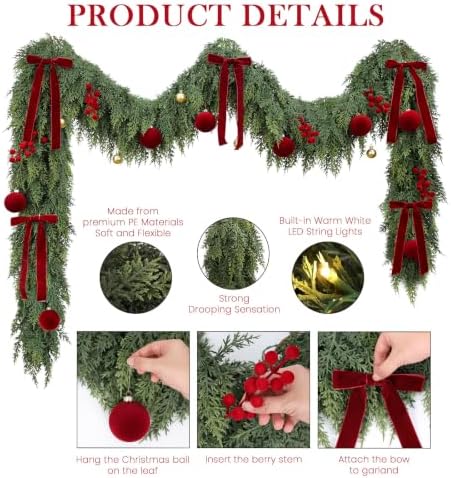 9FT Christmas Garland with Lights Ornaments Realistic Preit Cedar Garland