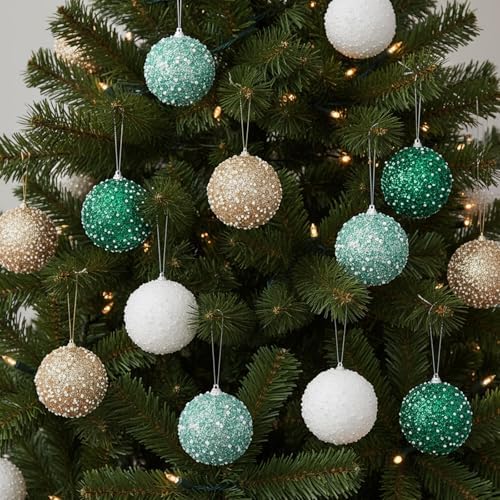 Lyrow 24 Pcs 3.15" Christmas Ball, White,Champagne Gold,Lake Blue,Green