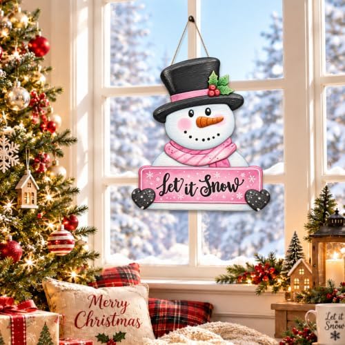 Christmas Decorations Winter Pink Snowman Hanging Wooden Front Door Sign