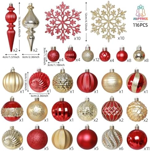 HipTree 116ct 1.18-6.5" Red Gold Christmas Tree Ornaments Decorations Set