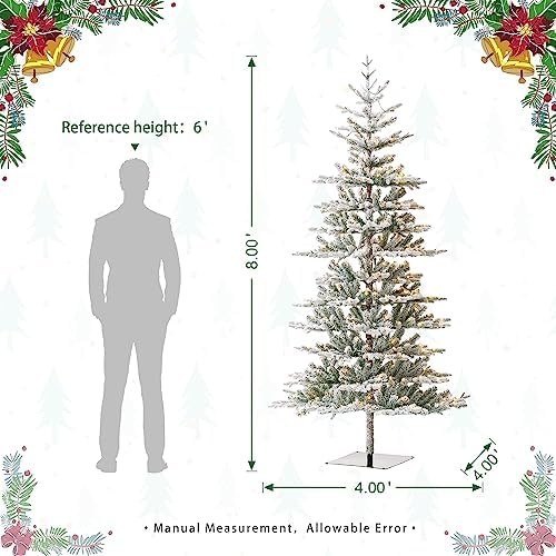 Glitzhome Christmas Tree with Lights, 8ft Deluxe Flocked Artificial Prelit Christmas TRE with 1523 PE&PVC Branch Tips, Majestic Frostfall Fir Hinged Xmas Tree w/450 Warm White Lights, Easy Assembly