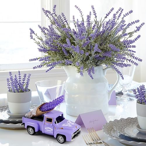Lavender Truck Decor with Flowers, Purple Floral Pickup Truck with Butterfly, Rustic Farmhouse Tabletop Centerpiece, Spring Country Home Office Kitchen Tiered Tray Decor