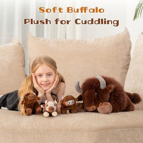 MorisMos Bison Stuffed Animal, 18inch Mommy Bison with 3 Babies