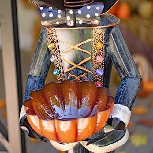 Metal Pumpkin Man Soldier Holding a Candy Bowl for Halloween 4.6Ft. Tall
