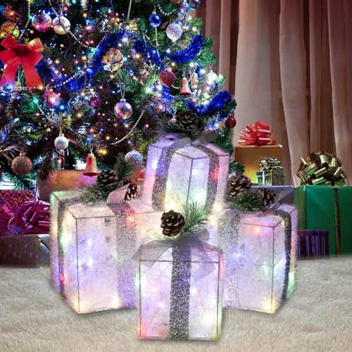 Set of 4 Christmas Lighted Gift Boxes, Multicolor Holiday Decor