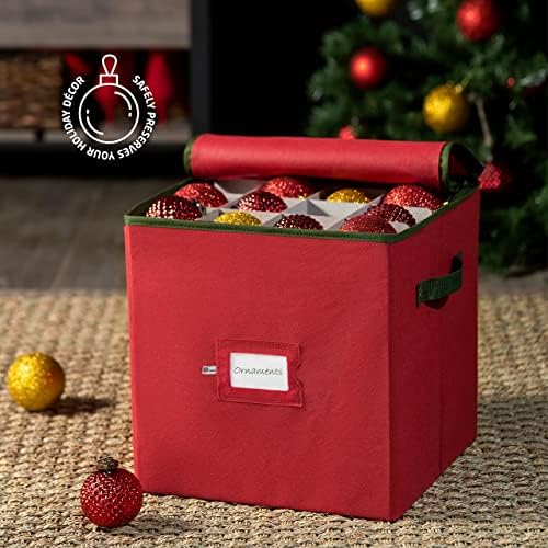 ZOBER Christmas Ornament Storage Box - Stores 64 3" Ornaments, With Dividers - Ornament Organizer Storage Box, Durable Christmas Containers Holder, Dual Zipper - Red