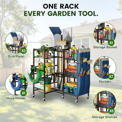 keomaisyto 3-Sided Garden Tool Organizer with Wheels, Garage Storage Rack