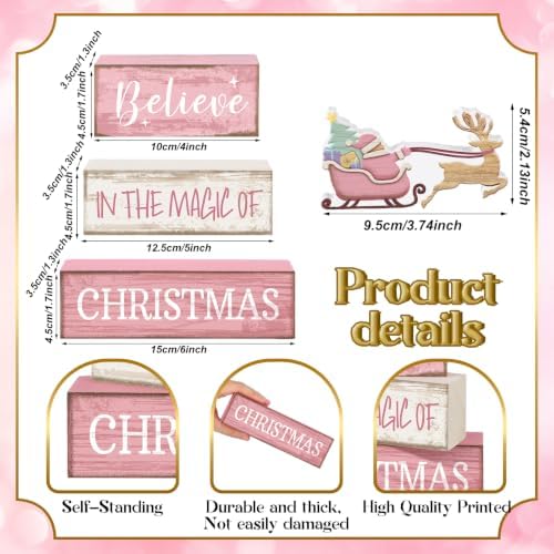 Moucuny 4 Pcs Christmas Table Decoration Pink Santa Sleigh Stacked Wooden Sign Decor Christmas Tiered Tray Decor Decorative Santa Claus Elk Block Sign Gift Farmhouse Xmas Centerpiece for Home Kitchen