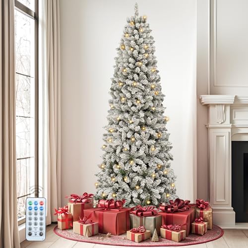 DWVO 6FT Pre-Lit Flocked Pencil Christmas Tree with 300 Dual-Color LEDs