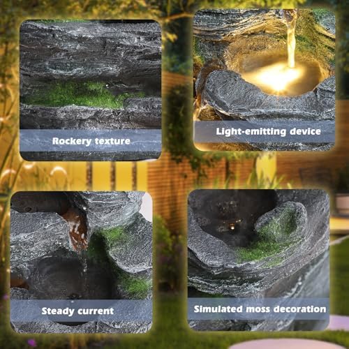 7 Tiers Cascading Rock Water Fountain with LED Lights, Outdoor Waterfall Fountain for Garden, Deck, Backyard, Patio, Porch, Natural Stone Look