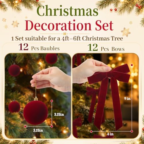 24 Pcs Red Velvet Christmas Tree Decor Set, Balls 3.15" and Bows 6" x 9"