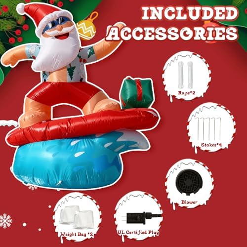 6FT Surfing Santa Inflatable with Lights for Yard Christmas