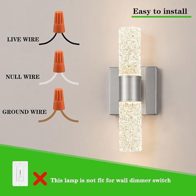 Brushed Nickel Wall Sconces Set of 2, LED Bathroom Vanity Light Fixtures, Hardwired Crystal Sconces Wall Lighting Over Mirror, LED Wall Mount Lights for Bedroom Hallway Indoor, 10W