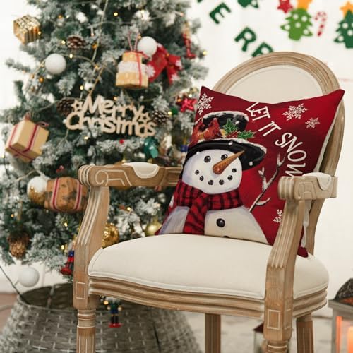 AVOIN colorlife Merry Christmas Let It Snow Joy Stripes Gift Box Red Throw Pillow Covers, 20 x 20 Inch Xmas Tree Holiday Cushion Case Decoration for Sofa Couch Set of 4