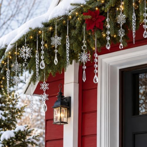Crystal Christmas Tree Ornaments, Clear Acrylic Snowflake & Icicle, 18pcs