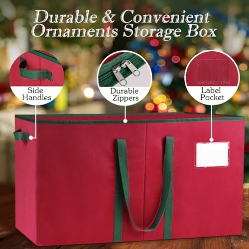 RoomHacks Christmas Ornament Storage Box, Store Up to 128 Ornaments, Christmas Storage Container, Dual Zipper & Adjustable, Large Organizer Bin to Protect and Store Holiday Ornaments (Red-2 Pack)