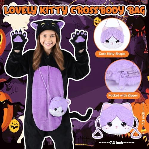 Joycover Halloween Black Cat Costume for Girls, Kids Cat Onesie & Purse Bag
