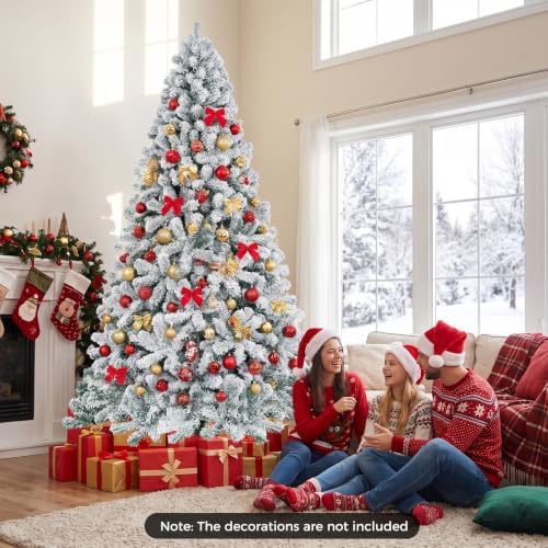 HAPPYGRILL 7.5 Feet Flocked Christmas Tree Artificial Xmas Tree with 1010 PVC Branch Tips, Hinged Xmas Tree Life-Like Seasonal Holiday Tree for Home Office
